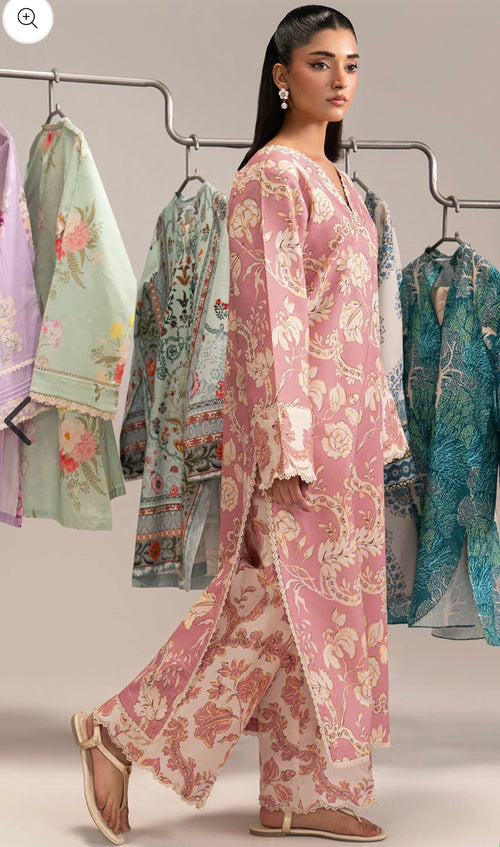 2-Piece lawn Long Shirt With Wide Trouser In Peach Colour