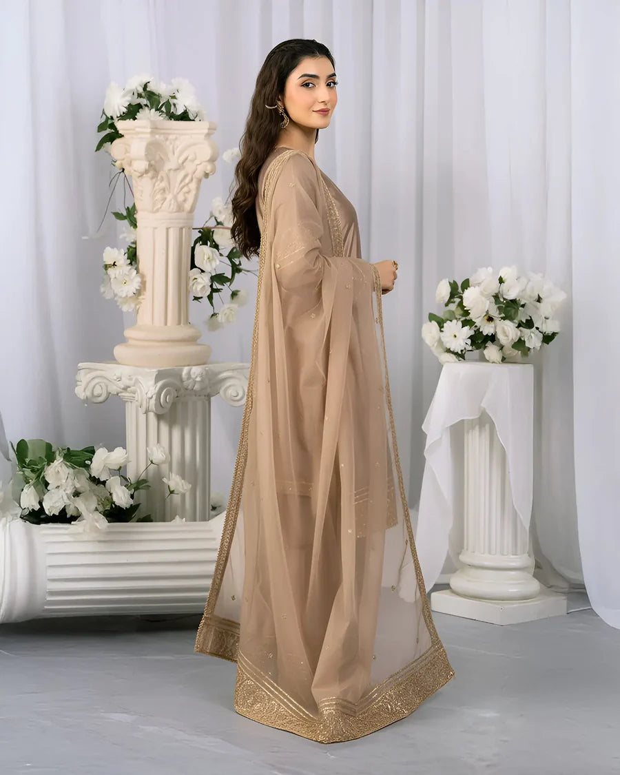 Katan Silk Camel Colour Fershi Shalwar 3 Piece Suit
