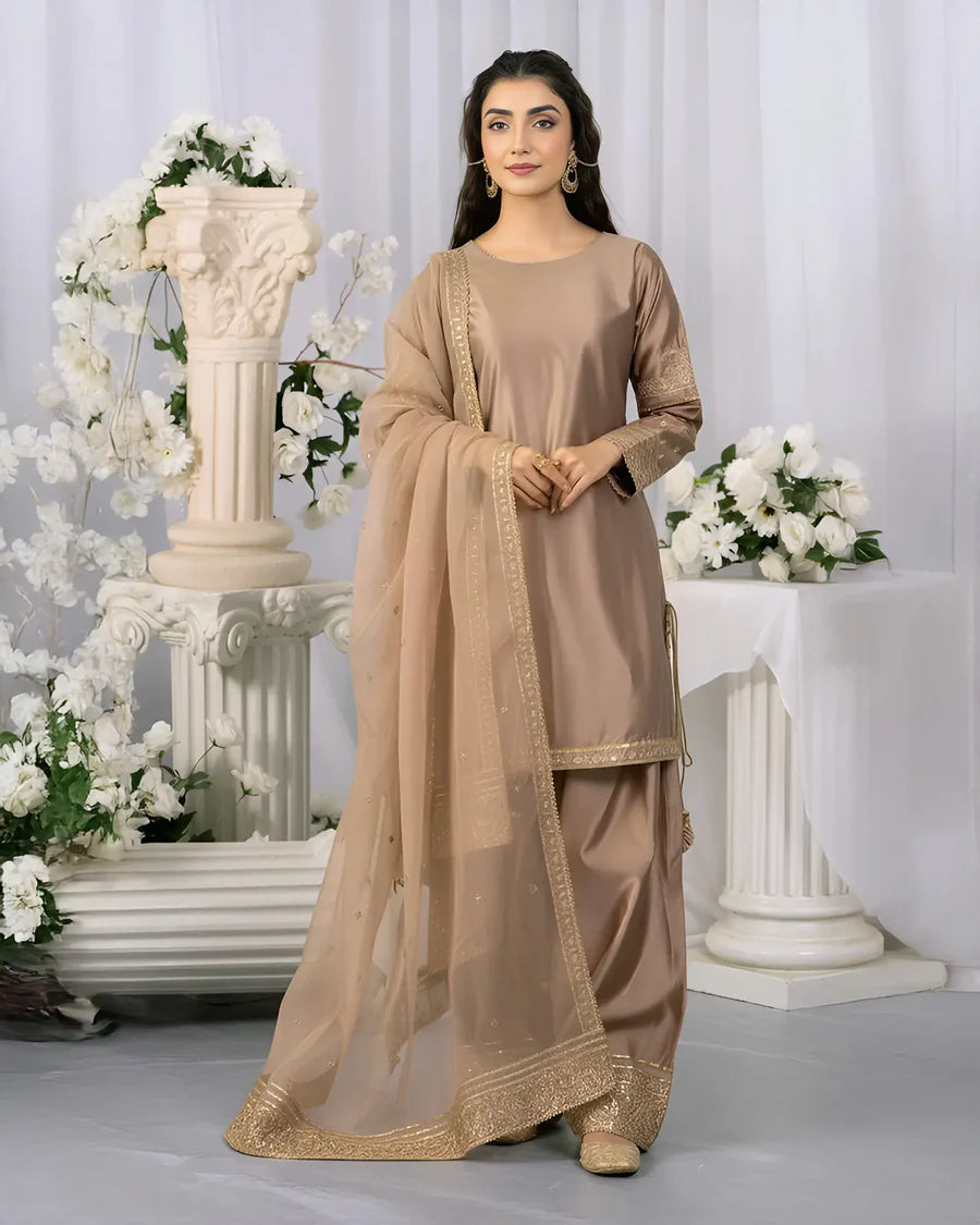 Katan Silk Camel Colour Fershi Shalwar 3 Piece Suit