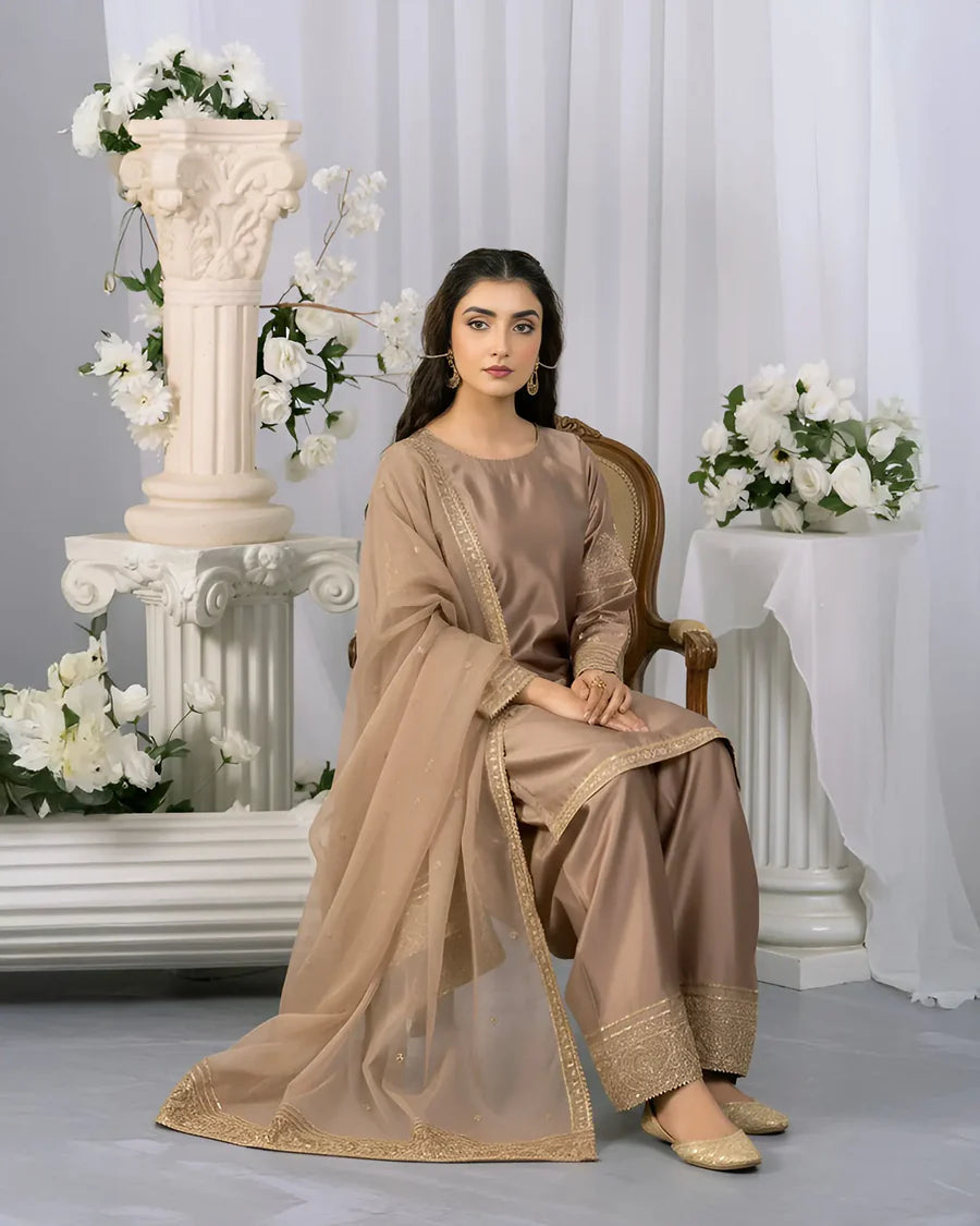 Katan Silk Camel Colour Fershi Shalwar 3 Piece Suit