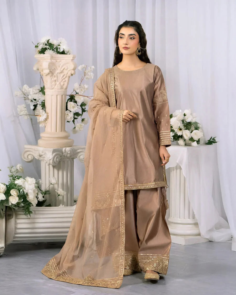 Katan Silk Camel Colour Fershi Shalwar 3 Piece Suit