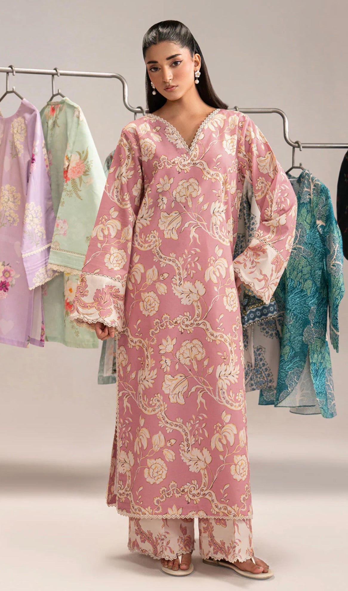 2-Piece lawn Long Shirt With Wide Trouser In Peach Colour