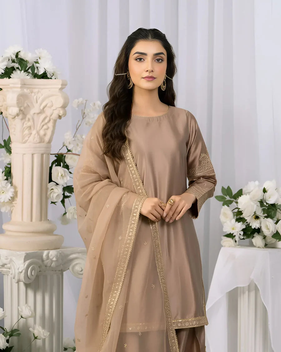 Katan Silk Camel Colour Fershi Shalwar 3 Piece Suit